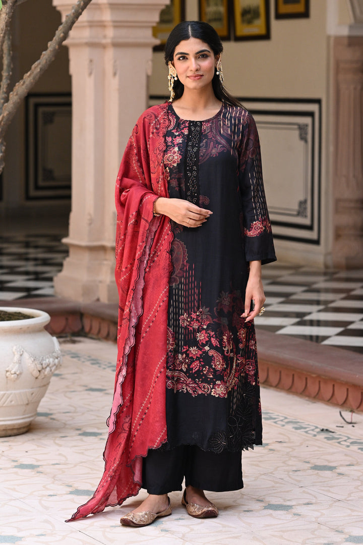 Black and Red Paisley Print with Scallope Cut Work on Kurta and Scallope Dupatta- SET OF-3 | SHOBITAM