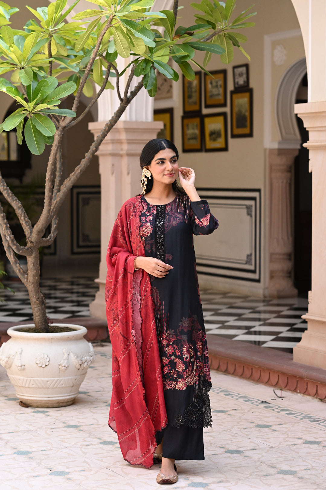 Black and Red Paisley Print with Scallope Cut Work on Kurta and Scallope Dupatta- SET OF-3 | SHOBITAM