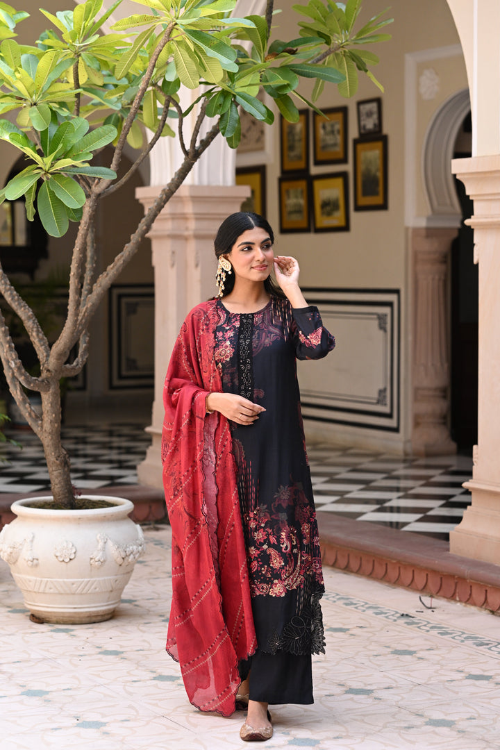 Black and Red Paisley Print with Scallope Cut Work on Kurta and Scallope Dupatta- SET OF-3 | SHOBITAM