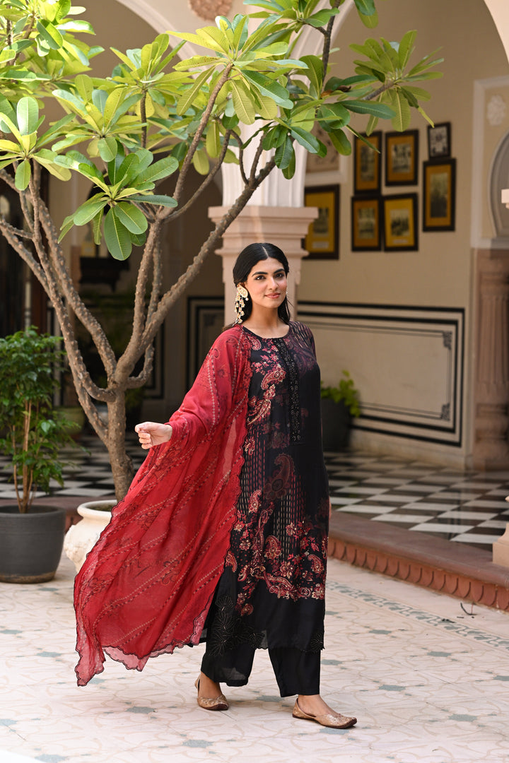 Black and Red Paisley Print with Scallope Cut Work on Kurta and Scallope Dupatta- SET OF-3 | SHOBITAM