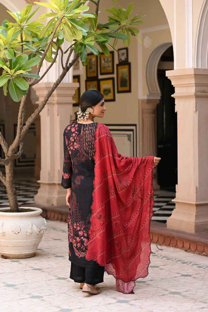 Black and Red Paisley Print with Scallope Cut Work on Kurta and Scallope Dupatta- SET OF-3 | SHOBITAM