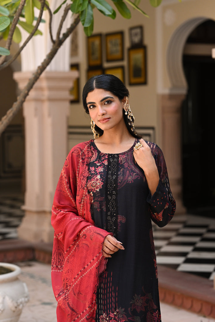Black and Red Paisley Print with Scallope Cut Work on Kurta and Scallope Dupatta- SET OF-3 | SHOBITAM