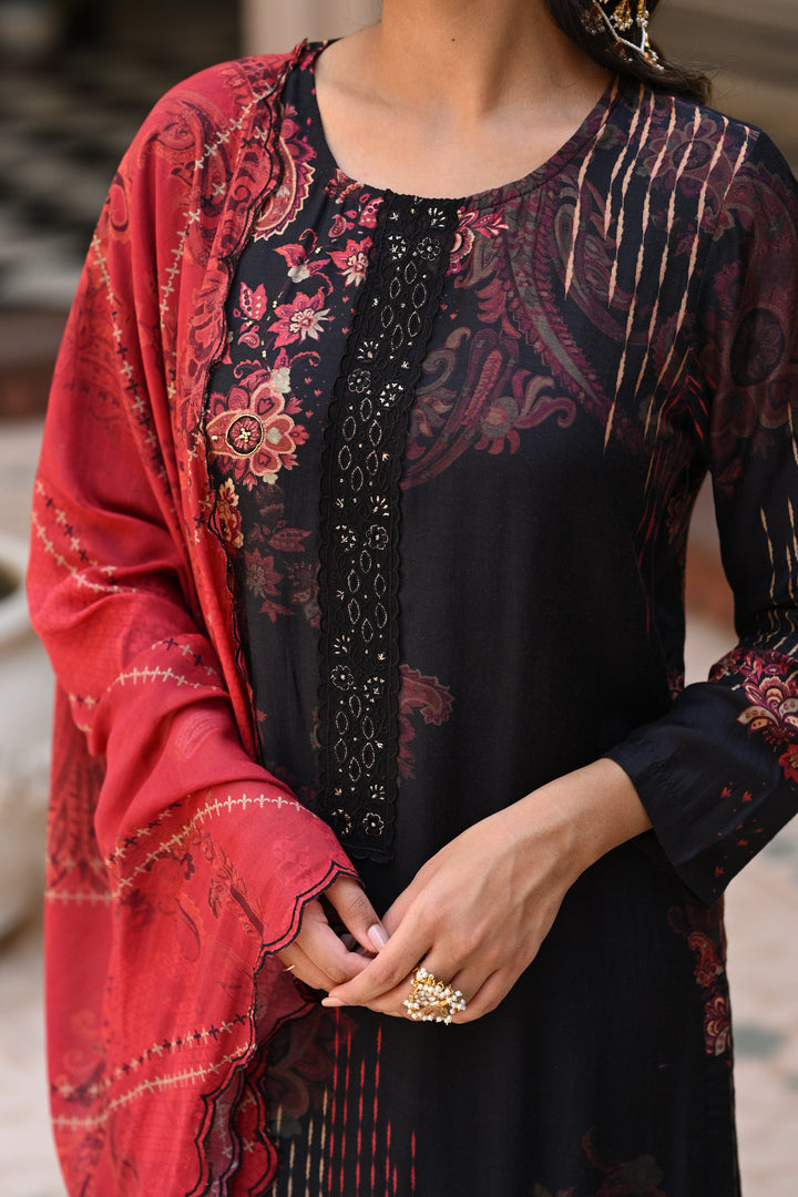 Black and Red Paisley Print with Scallope Cut Work on Kurta and Scallope Dupatta- SET OF-3 | SHOBITAM