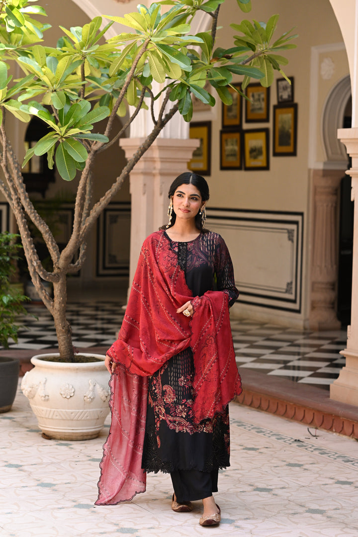 Black and Red Paisley Print with Scallope Cut Work on Kurta and Scallope Dupatta- SET OF-3 | SHOBITAM