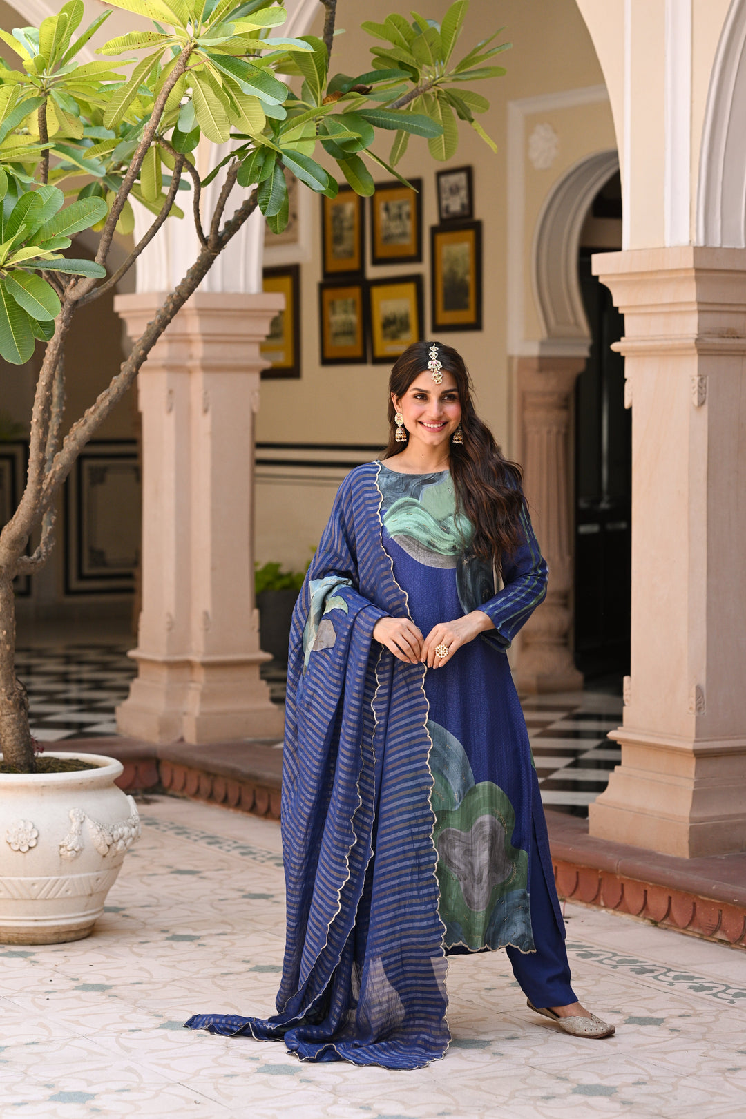 Blue and Green Shimmer Muslin with Threadle and Handwork on Kurta with Silver & Golden Zari dupatta with Four side Threadle, Patch Work & Handwork Scallope Suit Set- SET OF-3 | SHOBITAM