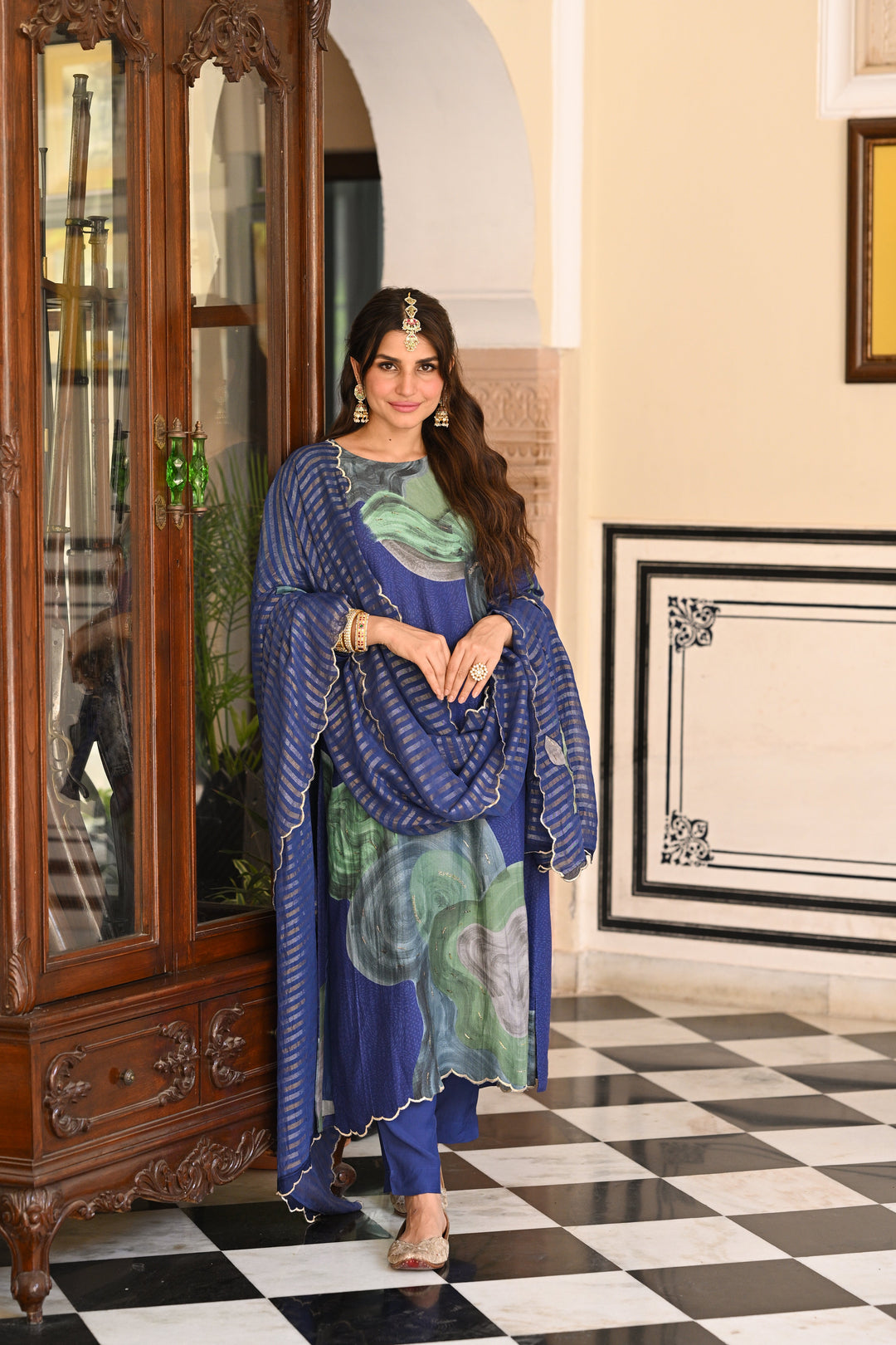 Blue and Green Shimmer Muslin with Threadle and Handwork on Kurta with Silver & Golden Zari dupatta with Four side Threadle, Patch Work & Handwork Scallope Suit Set- SET OF-3 | SHOBITAM