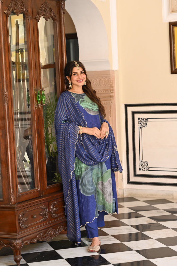Blue and Green Shimmer Muslin with Threadle and Handwork on Kurta with Silver & Golden Zari dupatta with Four side Threadle, Patch Work & Handwork Scallope Suit Set- SET OF-3 | SHOBITAM