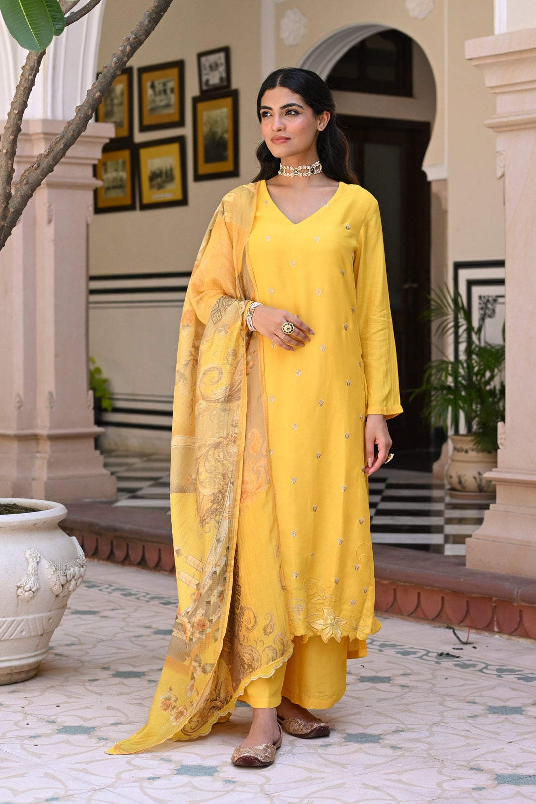 Yellow Shimmer Muslin with Threadwork motifs and Cut Work Scallop Suit Set- SET OF-3 | SHOBITAM