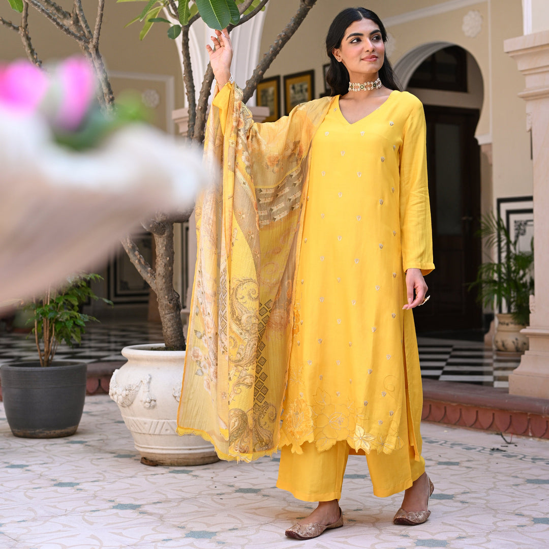 Yellow Shimmer Muslin with Threadwork motifs and Cut Work Scallop Suit Set- SET OF-3 | SHOBITAM