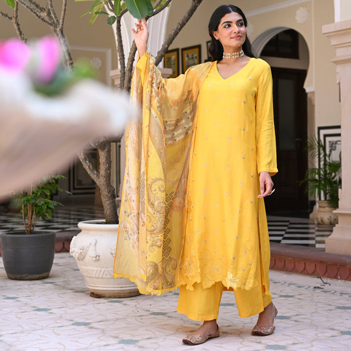 Yellow Shimmer Muslin with Threadwork motifs and Cut Work Scallop Suit Set- SET OF-3 | SHOBITAM