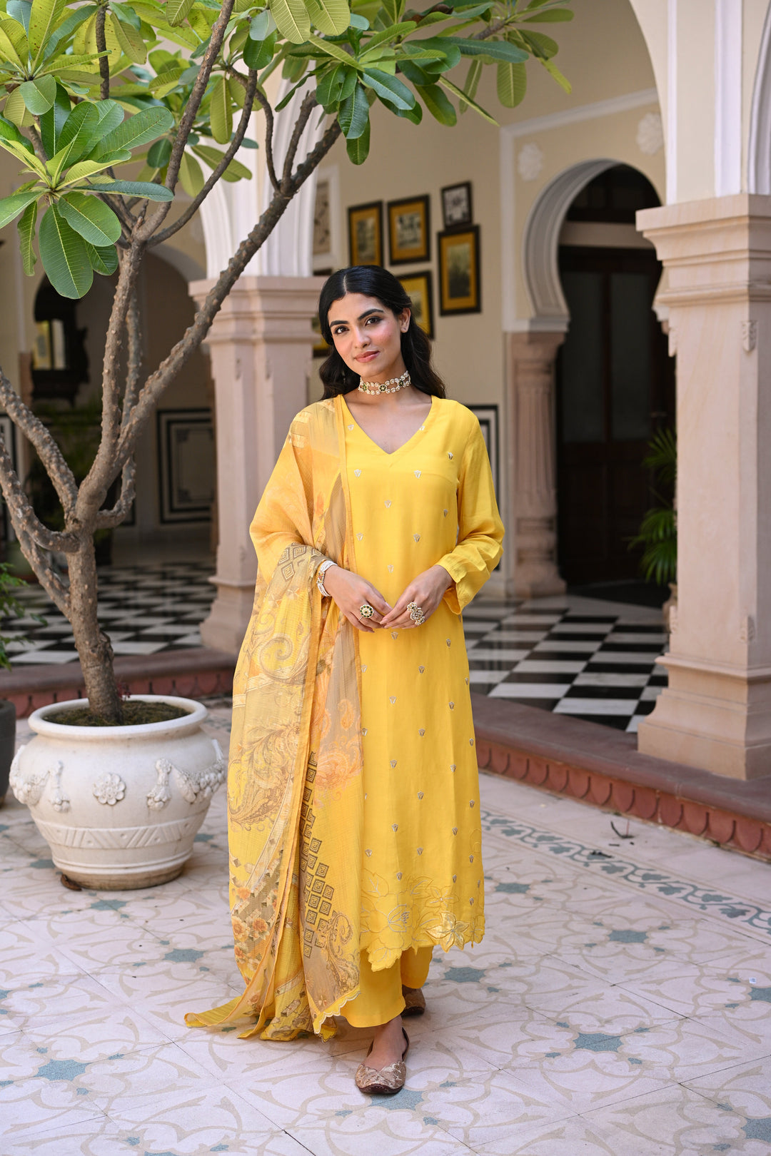 Yellow Shimmer Muslin with Threadwork motifs and Cut Work Scallop Suit Set- SET OF-3 | SHOBITAM