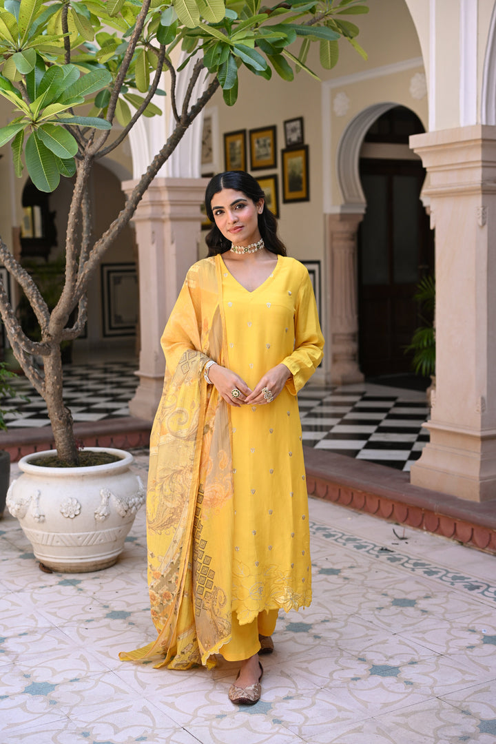 Yellow Shimmer Muslin with Threadwork motifs and Cut Work Scallop Suit Set- SET OF-3 | SHOBITAM