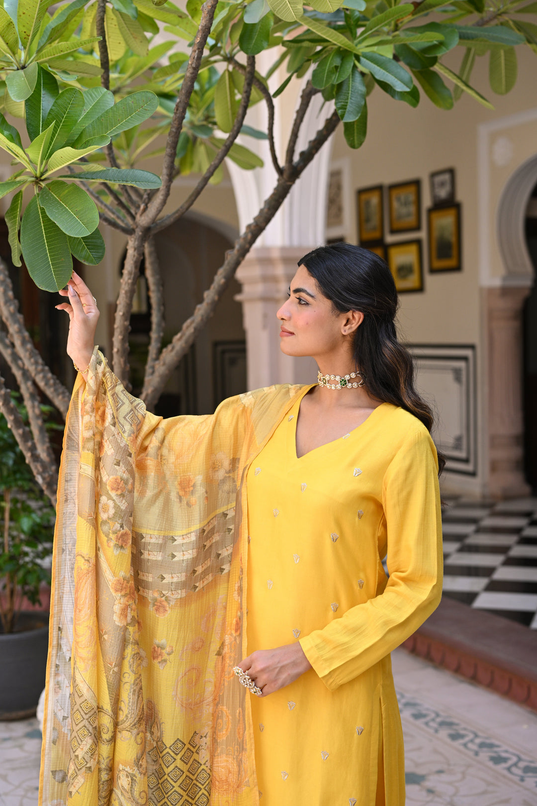 Yellow Shimmer Muslin with Threadwork motifs and Cut Work Scallop Suit Set- SET OF-3 | SHOBITAM