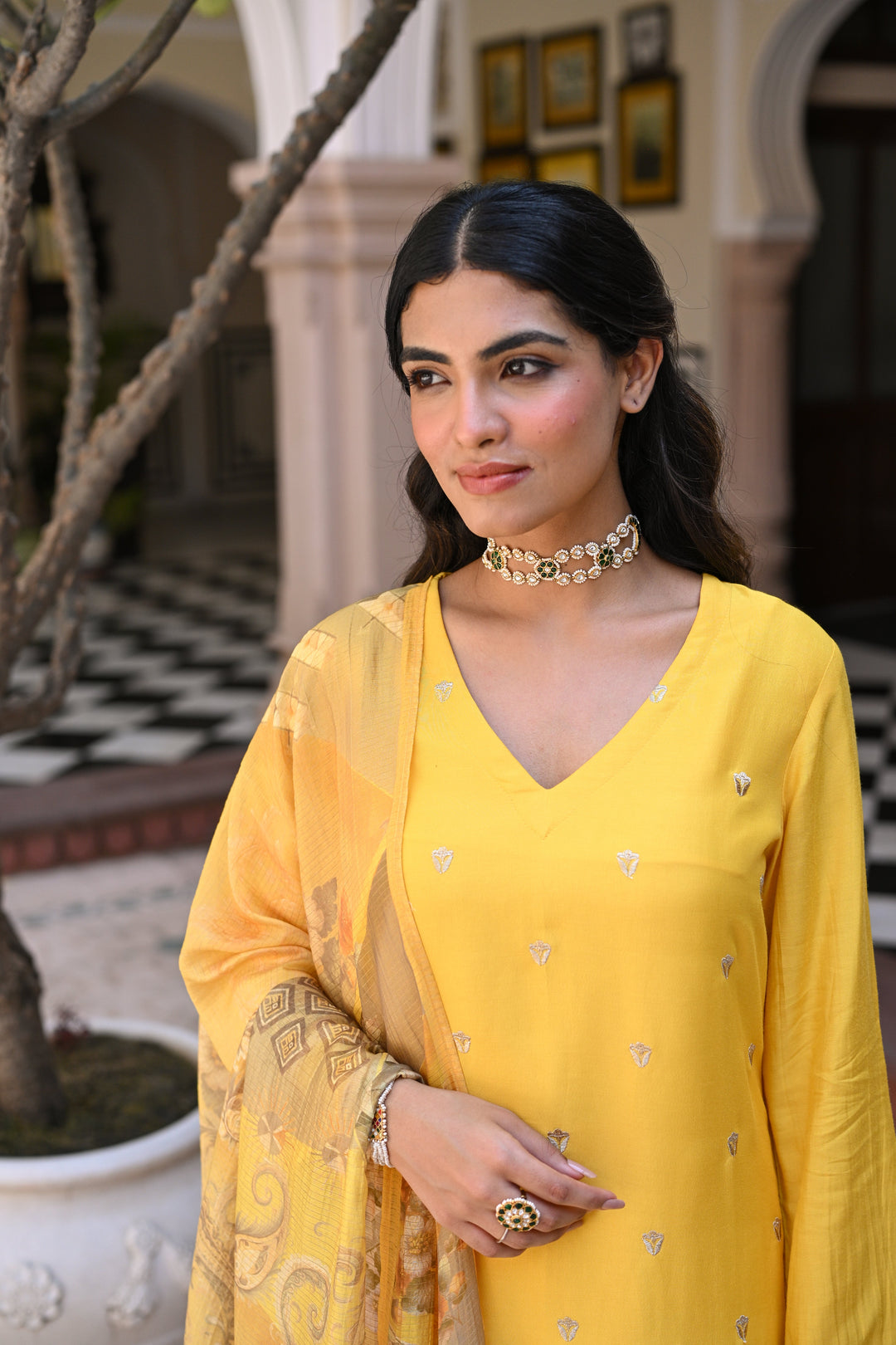 Yellow Shimmer Muslin with Threadwork motifs and Cut Work Scallop Suit Set- SET OF-3 | SHOBITAM