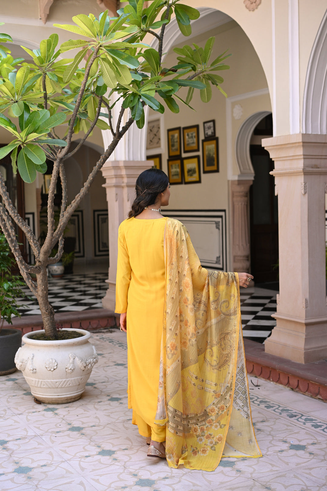 Yellow Shimmer Muslin with Threadwork motifs and Cut Work Scallop Suit Set- SET OF-3 | SHOBITAM