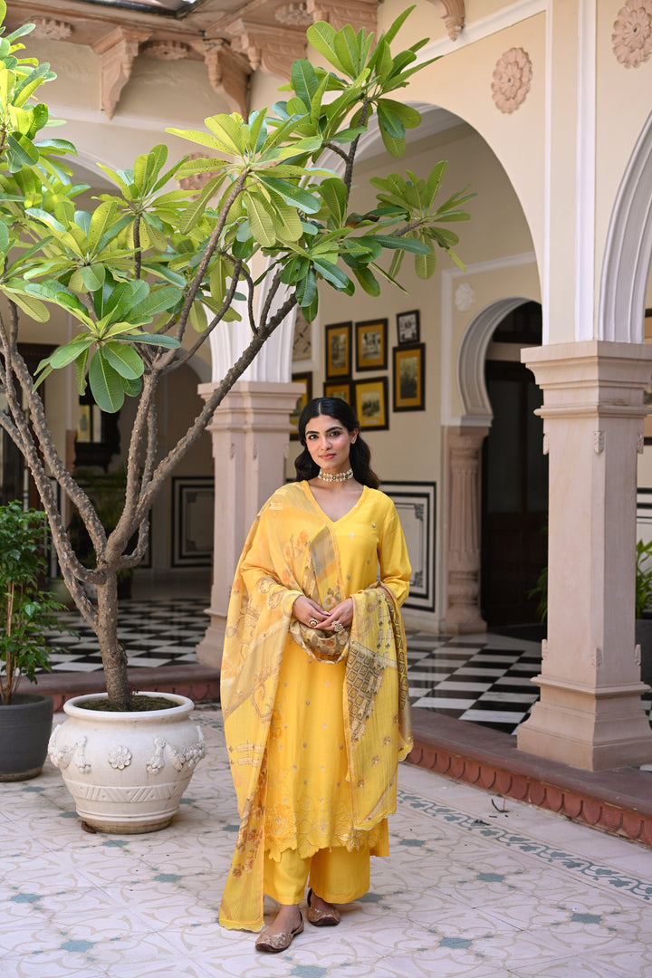 Yellow Shimmer Muslin with Threadwork motifs and Cut Work Scallop Suit Set- SET OF-3 | SHOBITAM