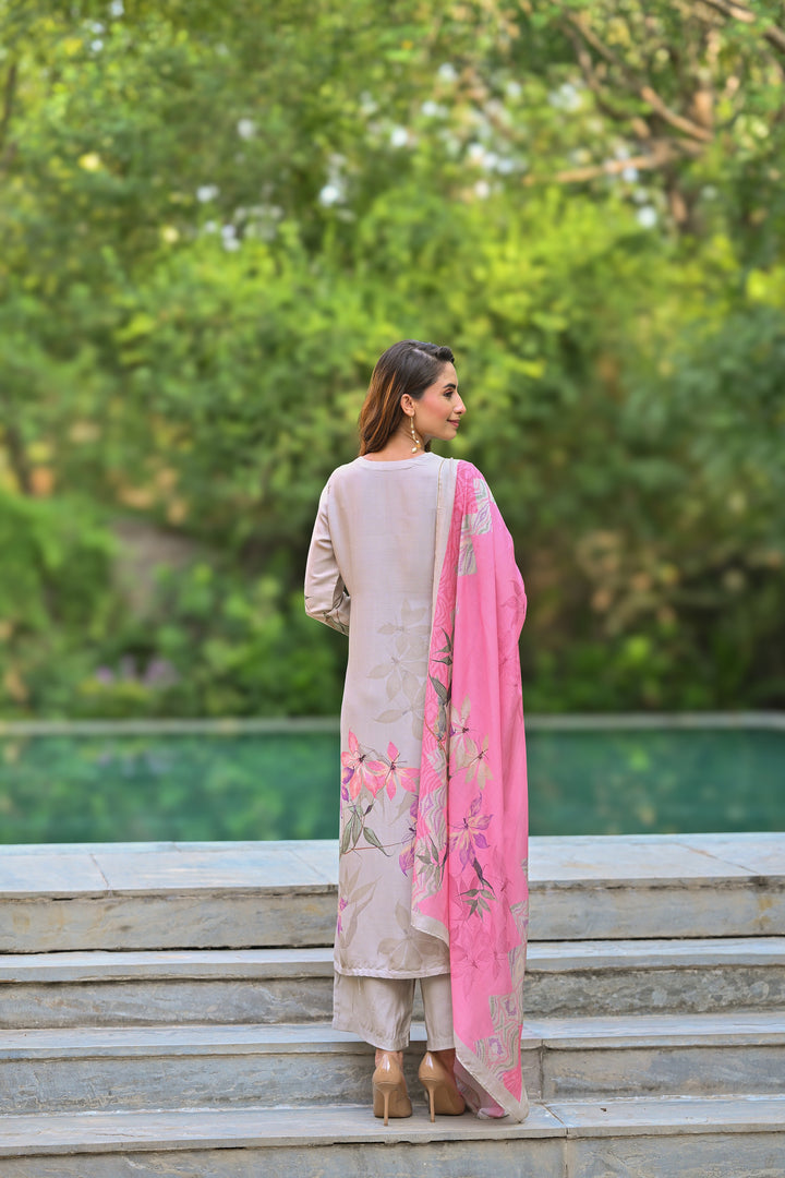 Pure Muslin Almond Bloom Print Suit Set with Thread Moti and Tari work - SET OF-3 | SHOBITAM