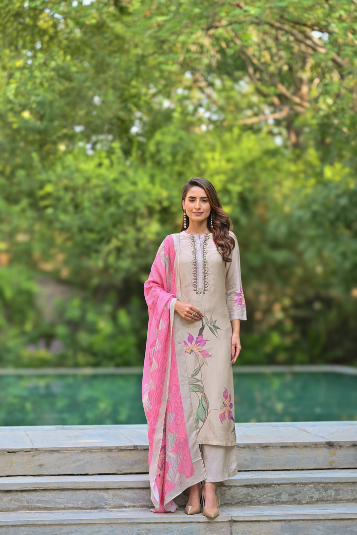 Pure Muslin Almond Bloom Print Suit Set with Thread Moti and Tari work - SET OF-3 | SHOBITAM