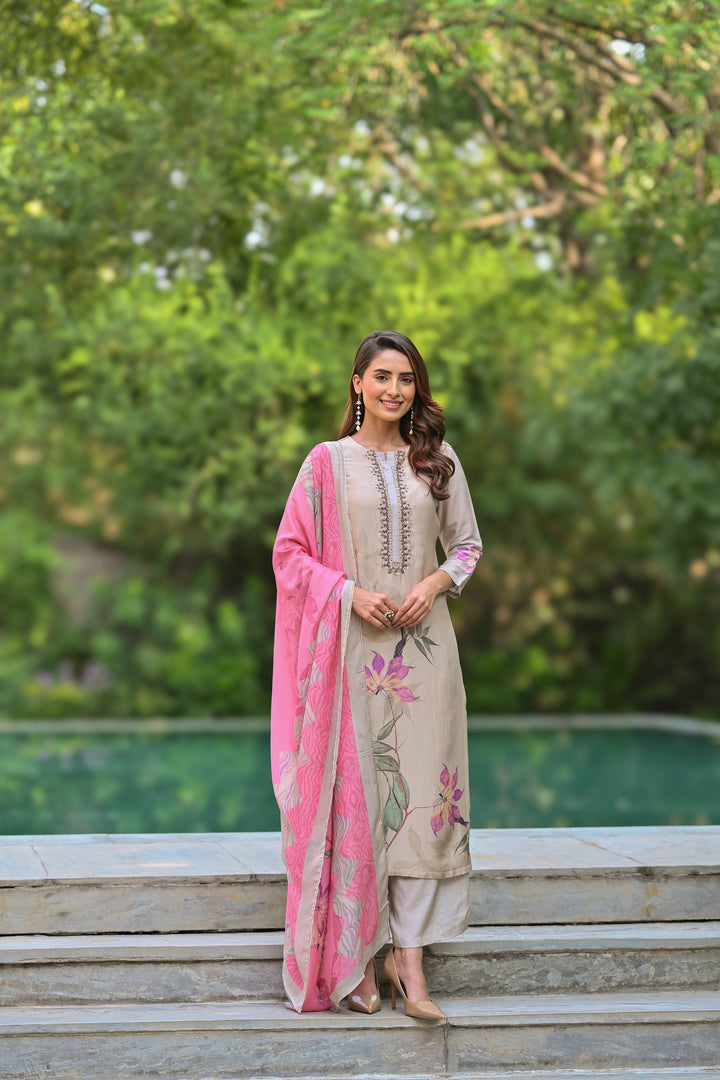 Pure Muslin Almond Bloom Print Suit Set with Thread Moti and Tari work - SET OF-3 | SHOBITAM