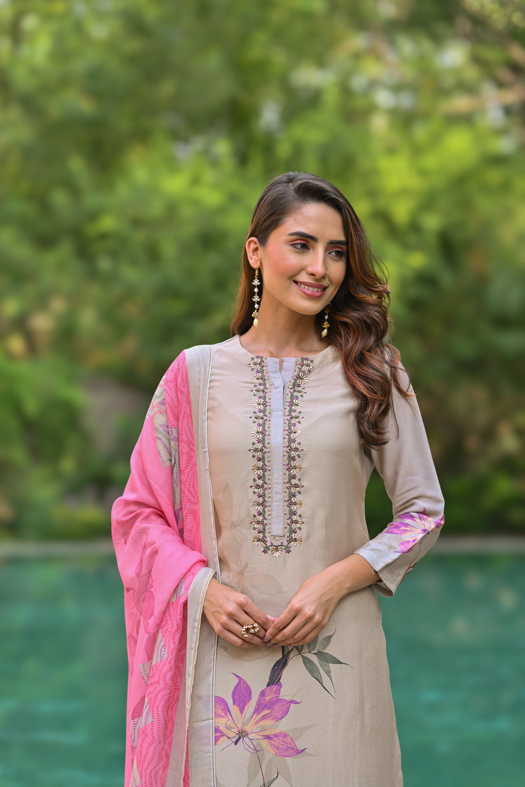Pure Muslin Almond Bloom Print Suit Set with Thread Moti and Tari work - SET OF-3 | SHOBITAM
