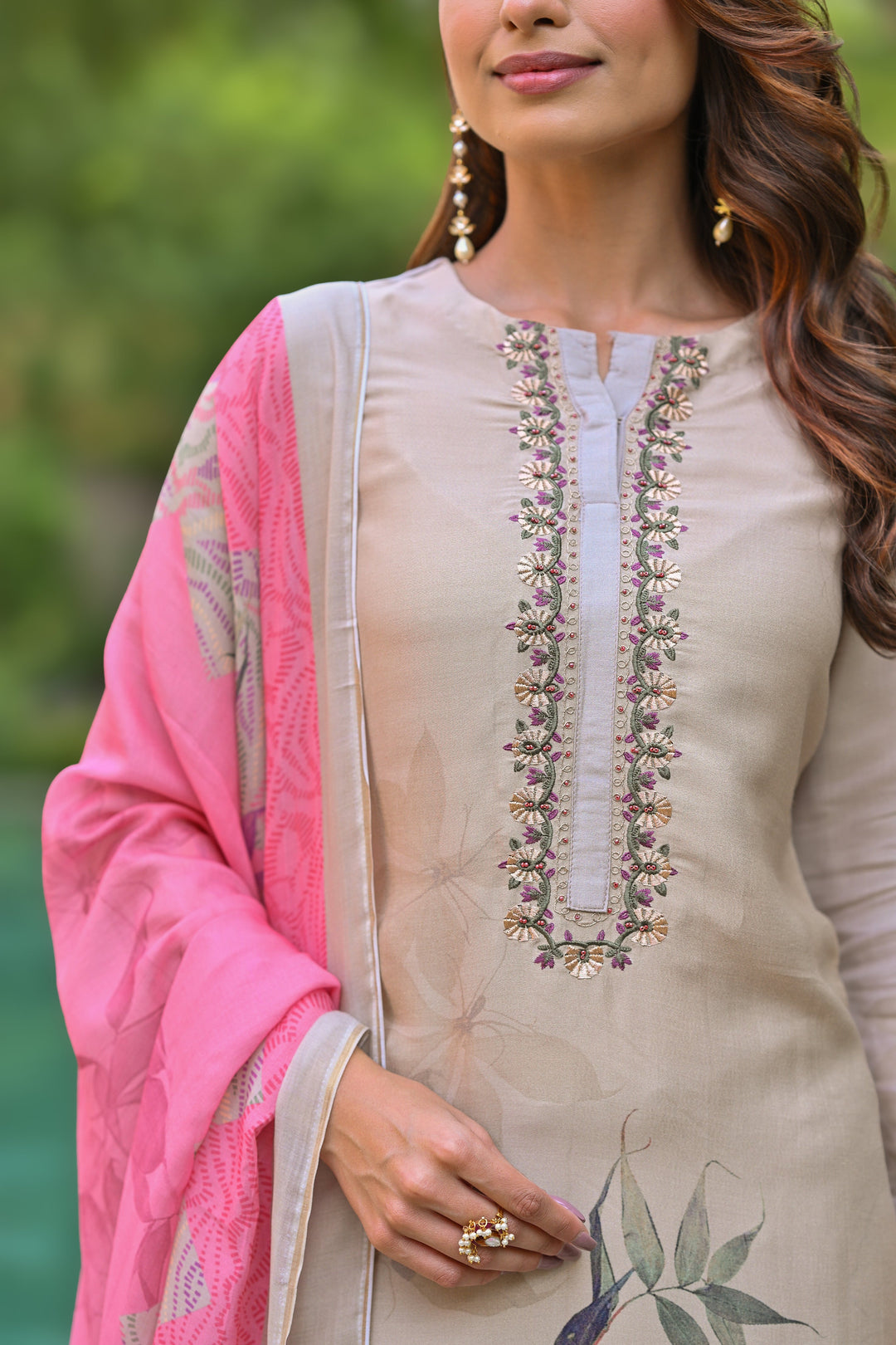 Pure Muslin Almond Bloom Print Suit Set with Thread Moti and Tari work - SET OF-3 | SHOBITAM