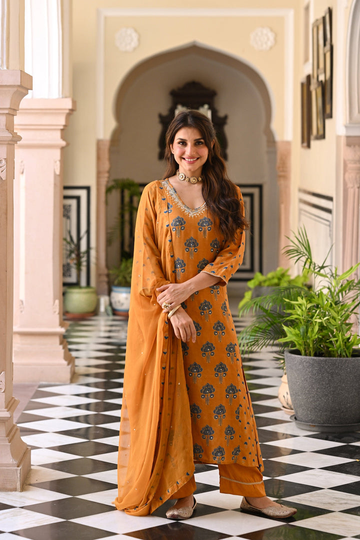 Mustard and blue muslin v neck gota work block print A line suit set with chiffon dupatta- SET OF-3| SHOBITAM
