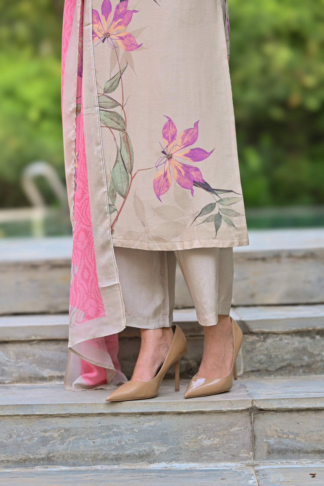 Pure Muslin Almond Bloom Print Suit Set with Thread Moti and Tari work - SET OF-3 | SHOBITAM