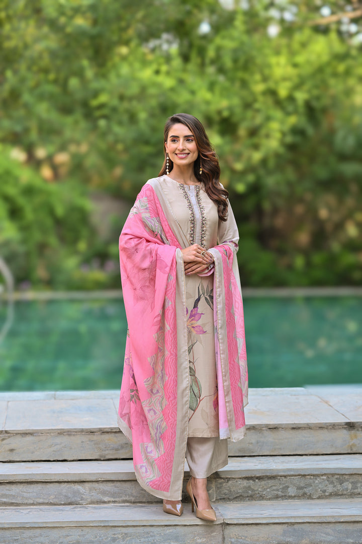 Pure Muslin Almond Bloom Print Suit Set with Thread Moti and Tari work - SET OF-3 | SHOBITAM