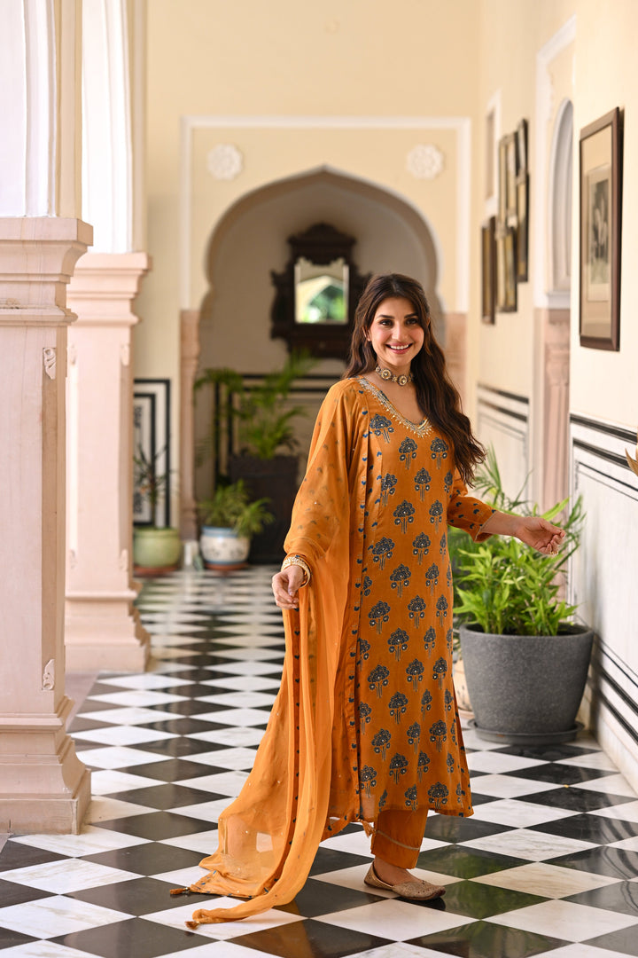 Mustard and blue muslin v neck gota work block print A line suit set with chiffon dupatta- SET OF-3| SHOBITAM