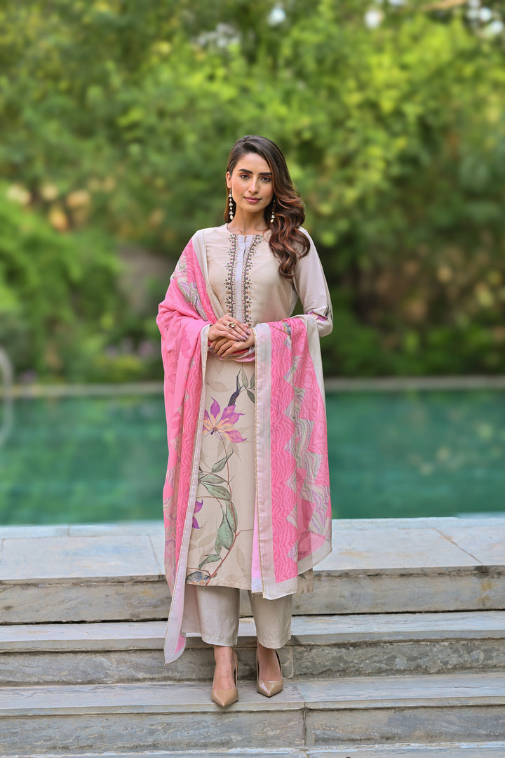 Pure Muslin Almond Bloom Print Suit Set with Thread Moti and Tari work - SET OF-3 | SHOBITAM