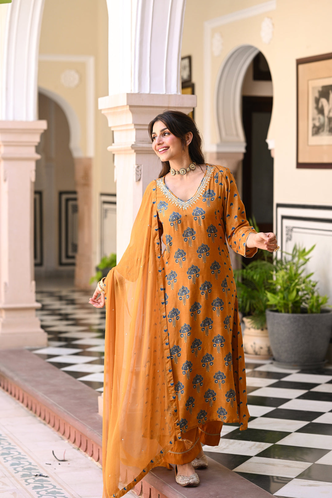 Mustard and blue muslin v neck gota work block print A line suit set with chiffon dupatta- SET OF-3| SHOBITAM