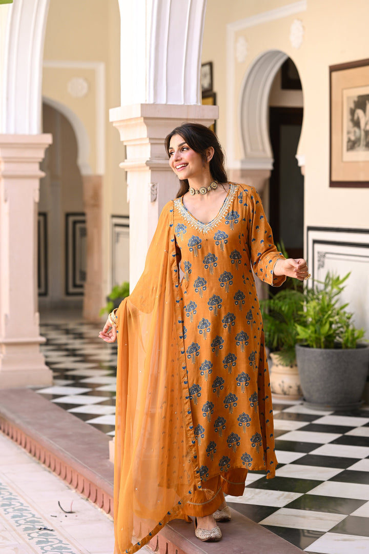 Mustard and blue muslin v neck gota work block print A line suit set with chiffon dupatta- SET OF-3| SHOBITAM