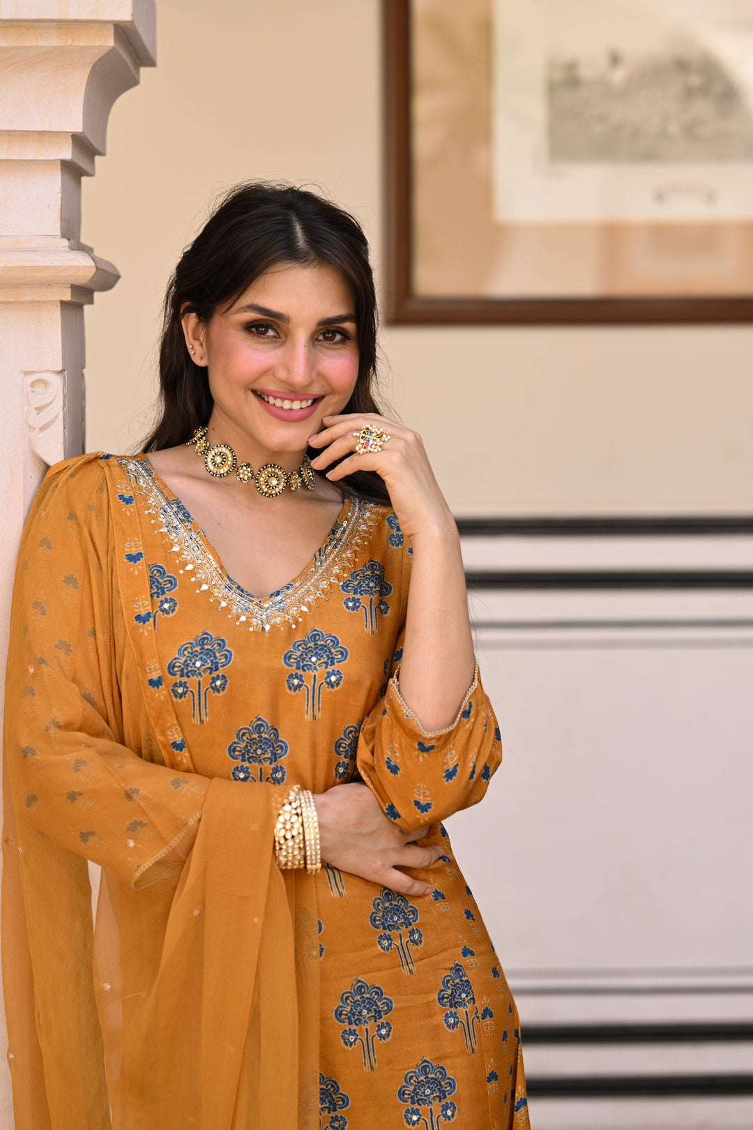 Mustard and blue muslin v neck gota work block print A line suit set with chiffon dupatta- SET OF-3| SHOBITAM