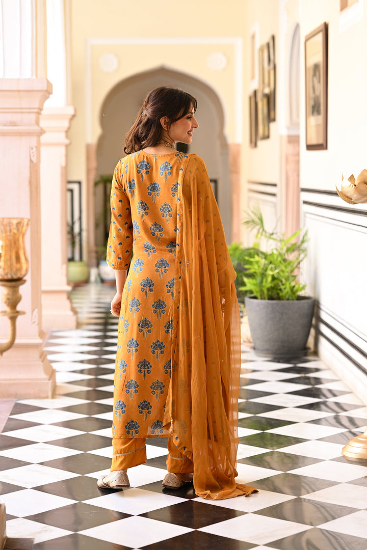Mustard and blue muslin v neck gota work block print A line suit set with chiffon dupatta- SET OF-3| SHOBITAM