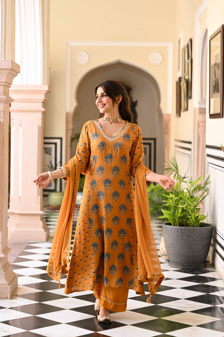 Mustard and blue muslin v neck gota work block print A line suit set with chiffon dupatta- SET OF-3| SHOBITAM