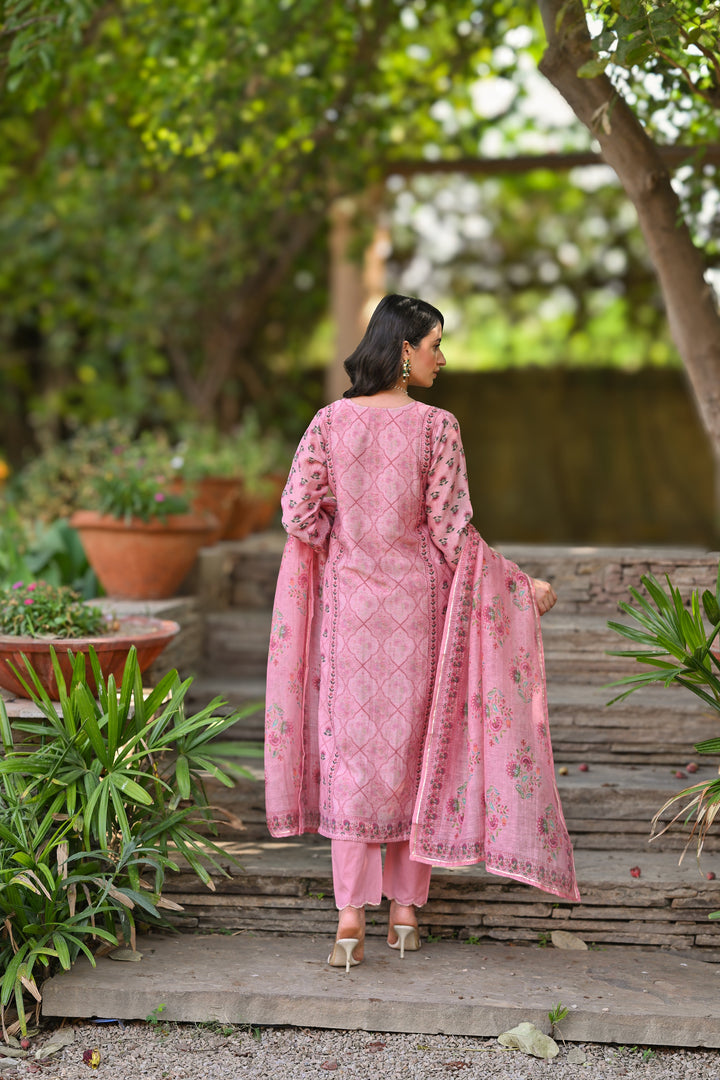 Pink Daman Block Print Chanderi Suit Set- SET OF-3 | SHOBITAM