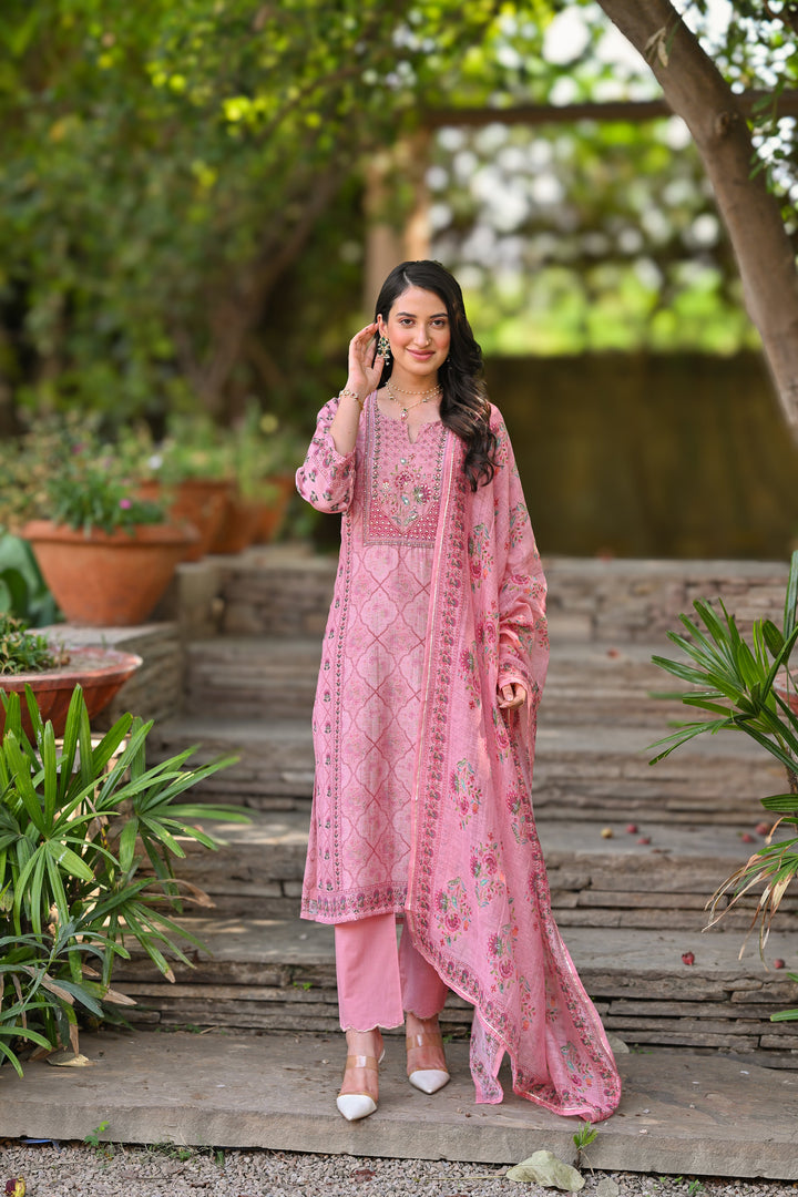 Pink Daman Block Print Chanderi Suit Set- SET OF-3 | SHOBITAM