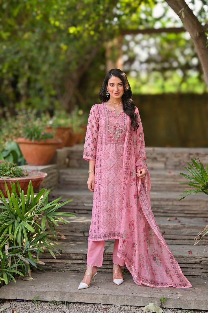 Pink Daman Block Print Chanderi Suit Set- SET OF-3 | SHOBITAM