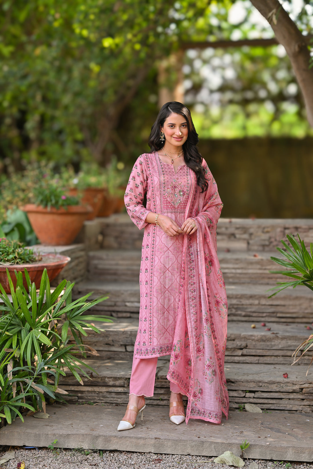 Pink Daman Block Print Chanderi Suit Set- SET OF-3 | SHOBITAM