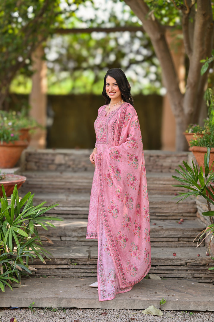 Pink Daman Block Print Chanderi Suit Set- SET OF-3 | SHOBITAM