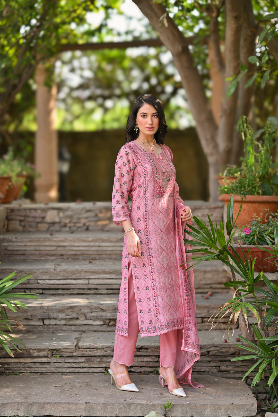 Pink Daman Block Print Chanderi Suit Set- SET OF-3 | SHOBITAM