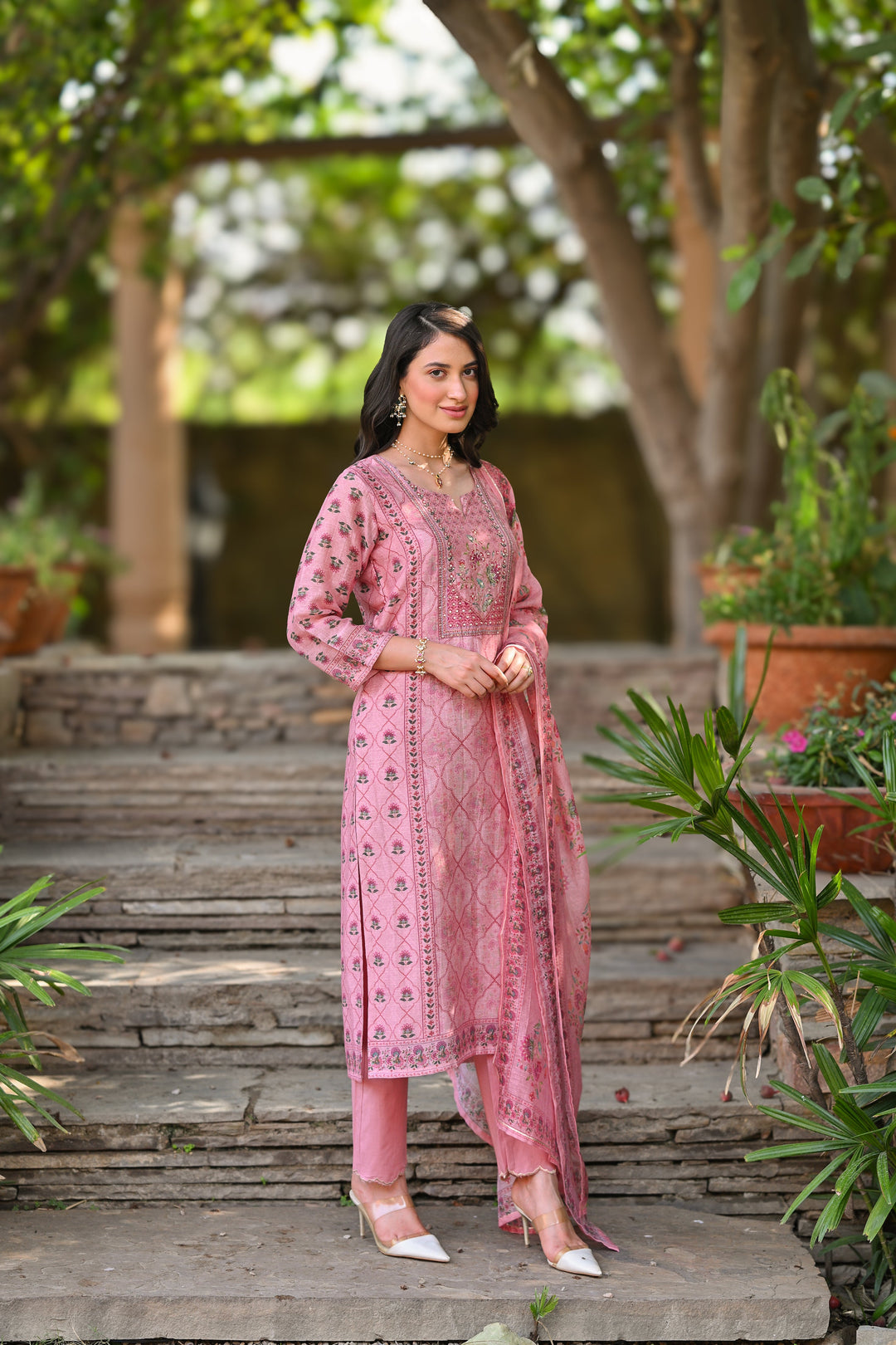 Pink Daman Block Print Chanderi Suit Set- SET OF-3 | SHOBITAM
