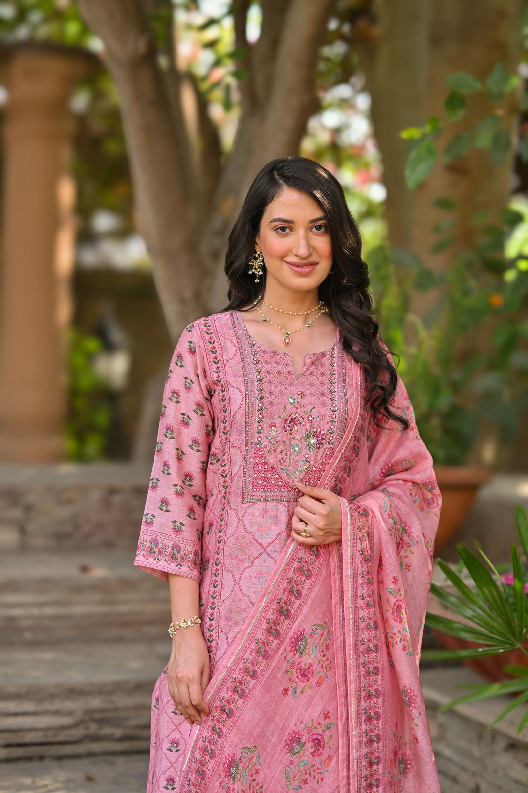 Pink Daman Block Print Chanderi Suit Set- SET OF-3 | SHOBITAM