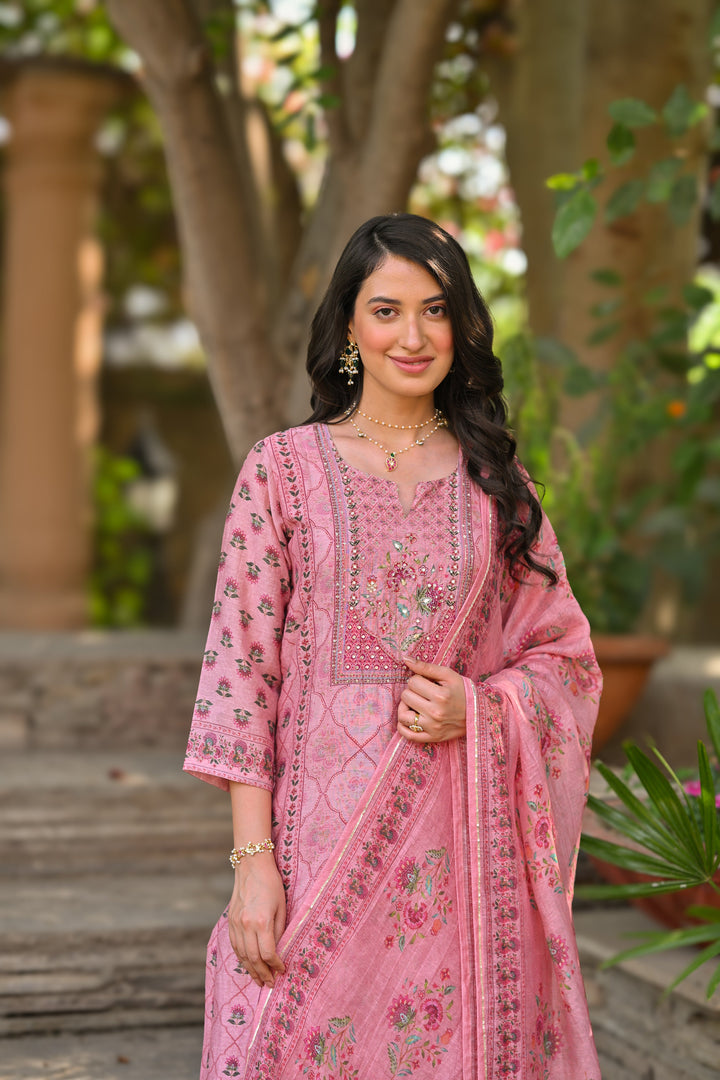 Pink Daman Block Print Chanderi Suit Set- SET OF-3 | SHOBITAM