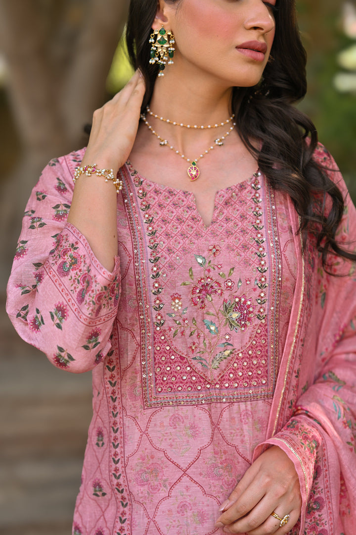 Pink Daman Block Print Chanderi Suit Set- SET OF-3 | SHOBITAM