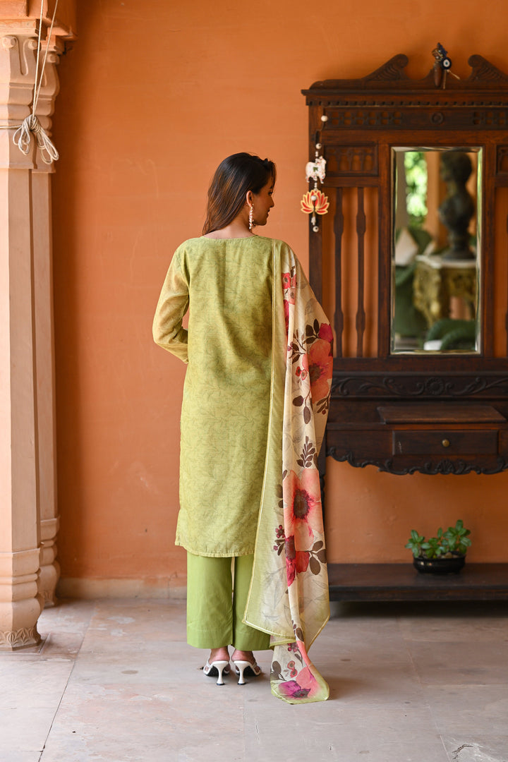 Light Green Chanderi Suit Set with Pearl and Gota Work and Floral Dupatta - SET OF-3 | SHOBITAM