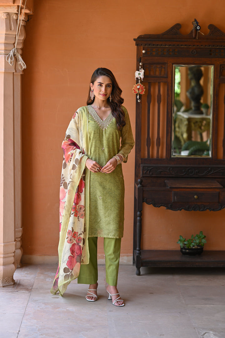 Light Green Chanderi Suit Set with Pearl and Gota Work and Floral Dupatta - SET OF-3 | SHOBITAM