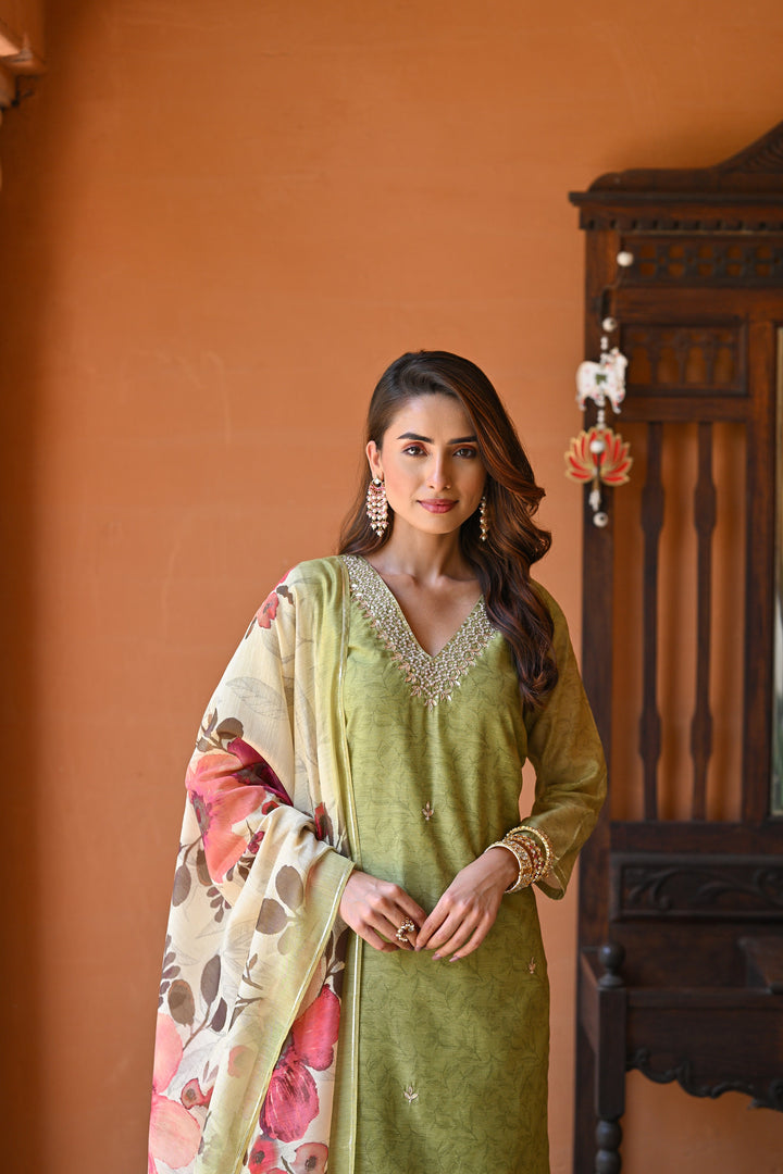Light Green Chanderi Suit Set with Pearl and Gota Work and Floral Dupatta - SET OF-3 | SHOBITAM