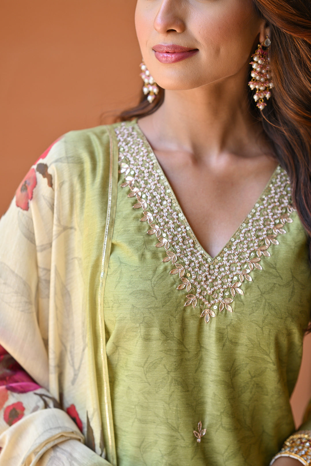 Light Green Chanderi Suit Set with Pearl and Gota Work and Floral Dupatta - SET OF-3 | SHOBITAM