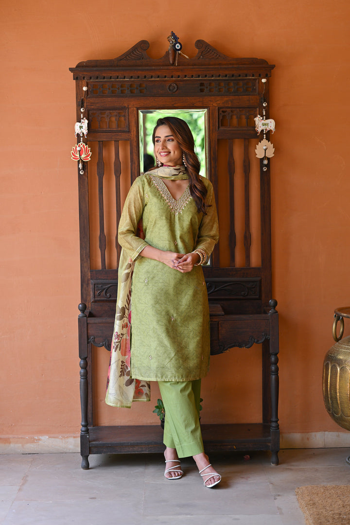Light Green Chanderi Suit Set with Pearl and Gota Work and Floral Dupatta - SET OF-3 | SHOBITAM